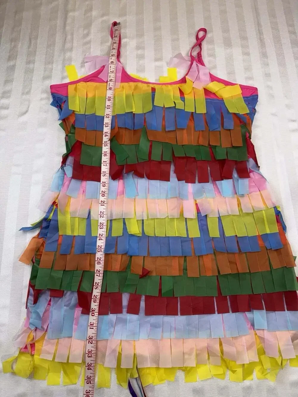 Womens XL Rainbow Fringe Piñata Halloween Costume Dress Headpiece Leg Warmer Set